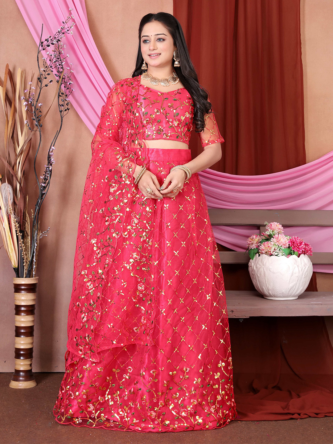 

DDRS FASHION Embellished Sequinned Ready to Wear Lehenga & Unstitched Blouse With Dupatta, Pink