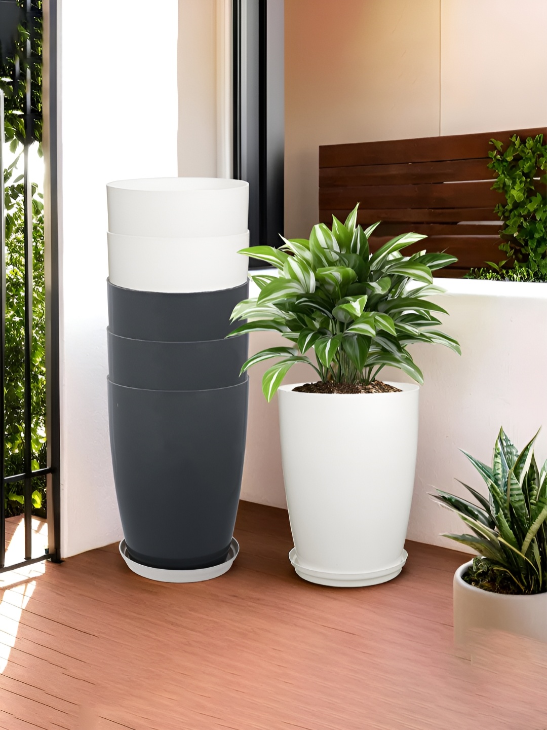 

Kuber Industries White & Grey 6 Pieces Flower Pot With Plate