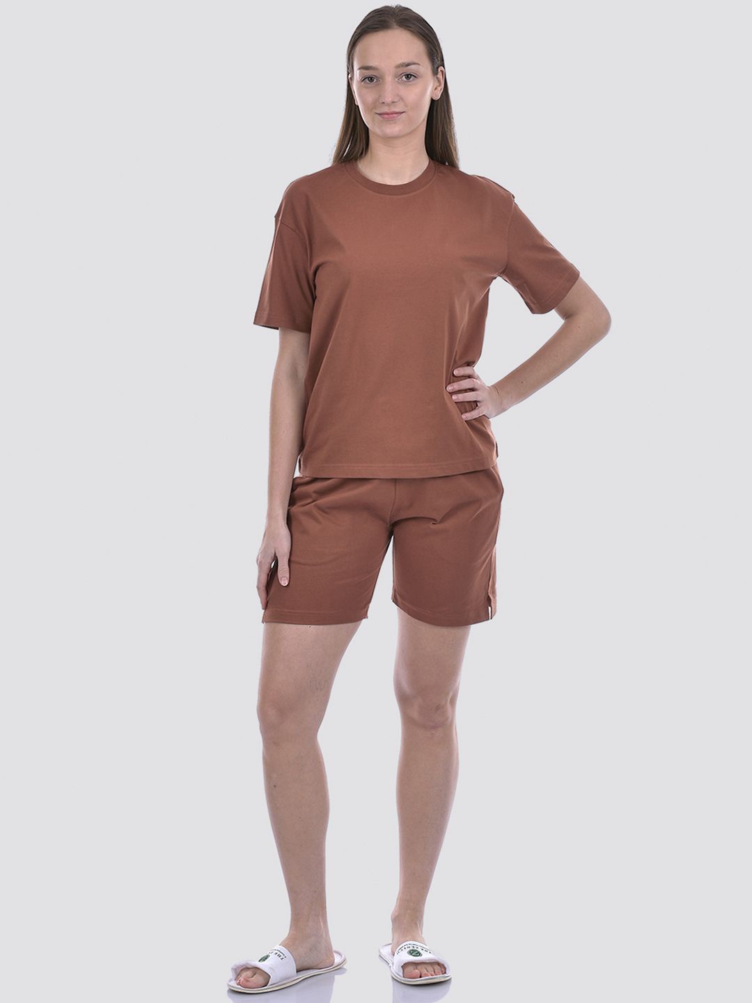 

ONEWAY Round Neck Pure Cotton T-shirt With Shorts, Brown