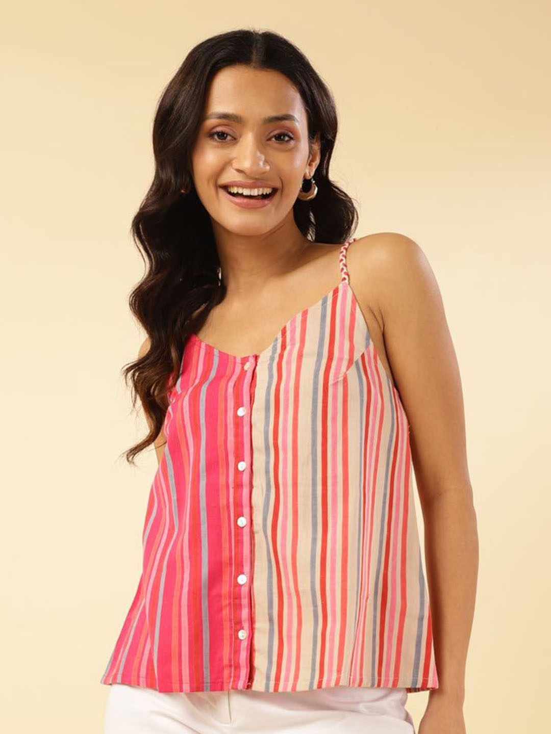 

Fabindia Striped Shoulder Straps Cotton Top, Pink