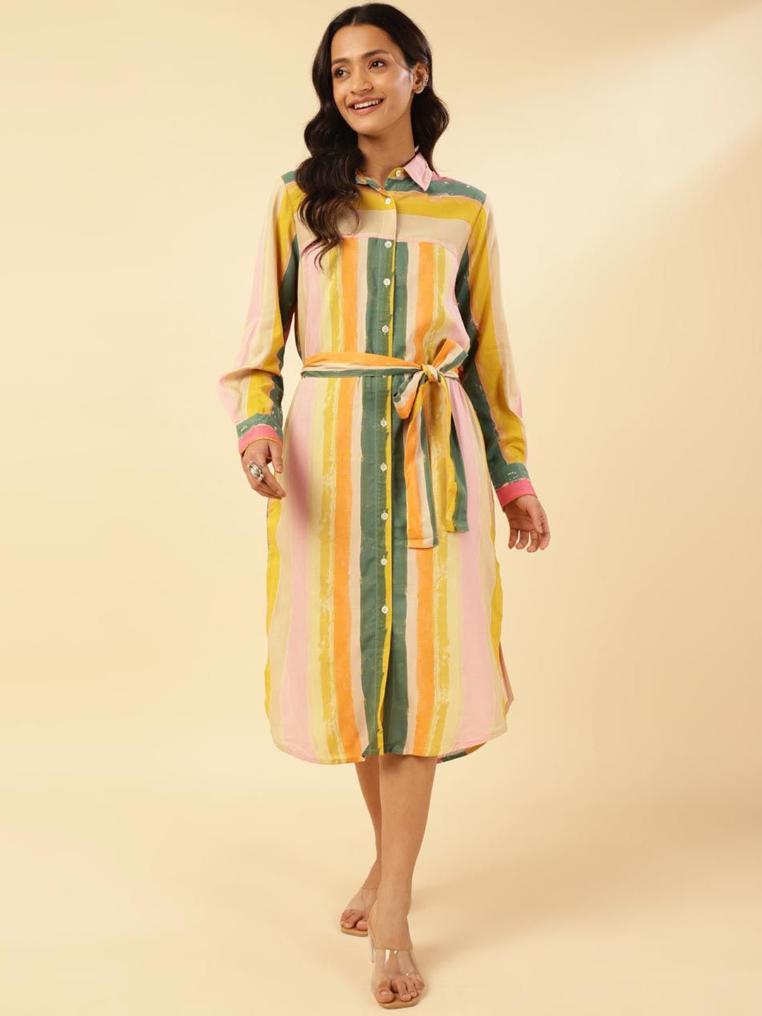 

Fabindia Striped Roll-Up Sleeves Shirt Midi Dress, Yellow