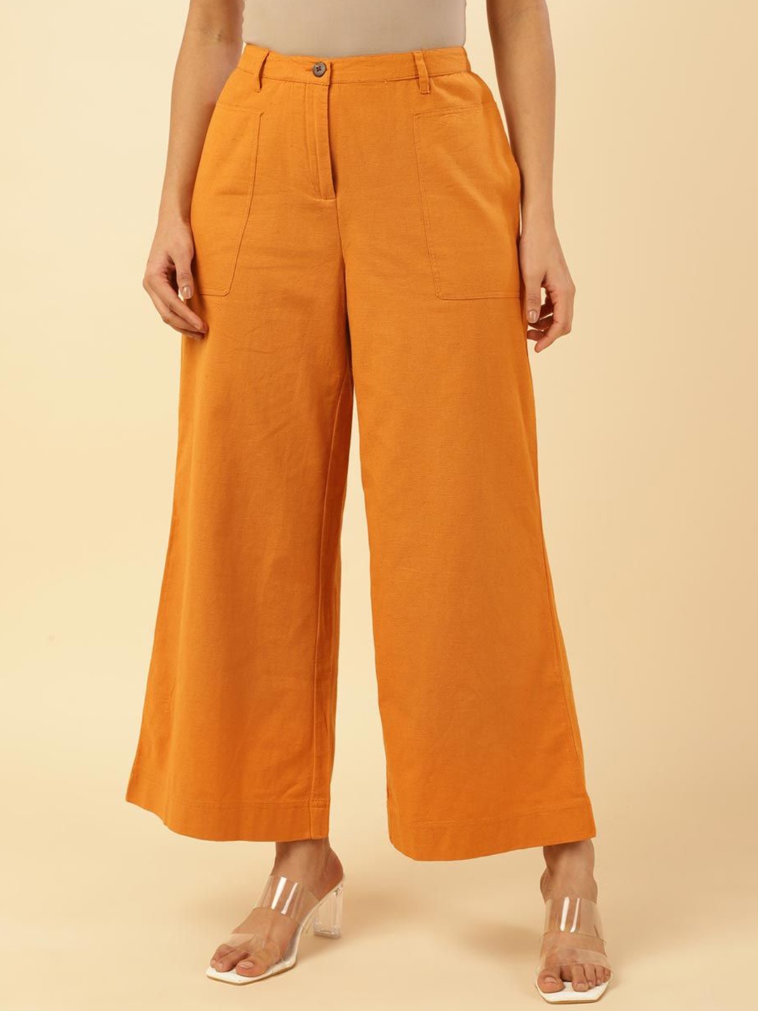 

Fabindia Women Straight Fit Mid-Rise Plain Regular Trousers Trousers, Orange