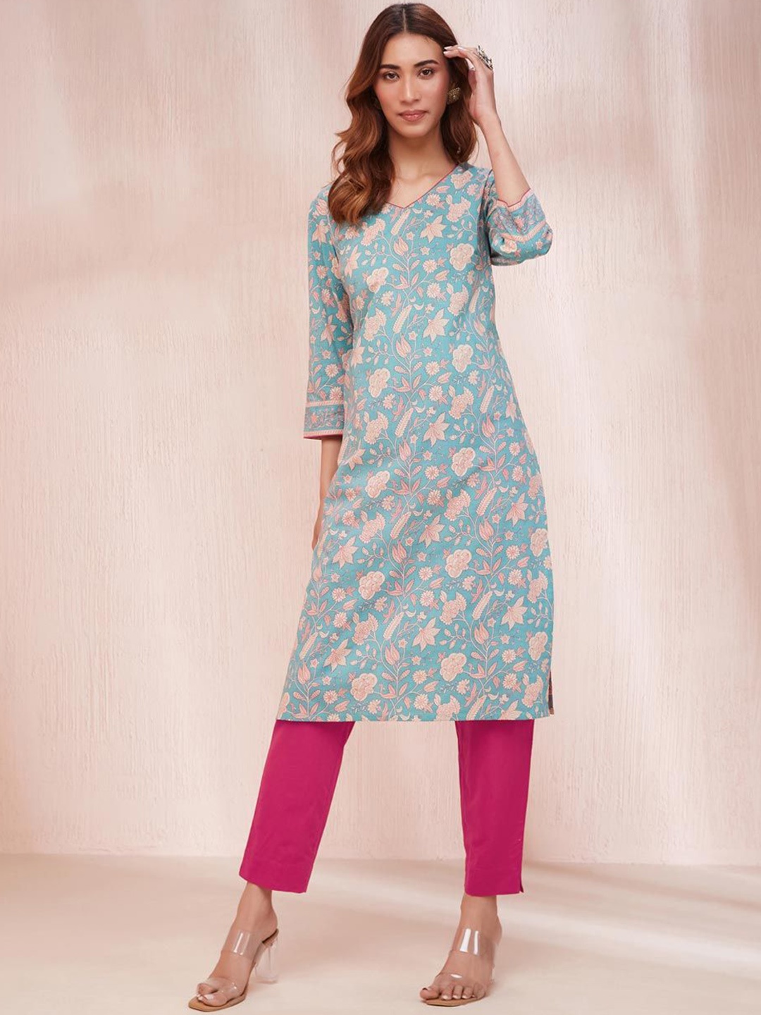

Fabindia Floral Printed V-Neck Pure Cotton Straight Kurta With Trouser, Turquoise blue