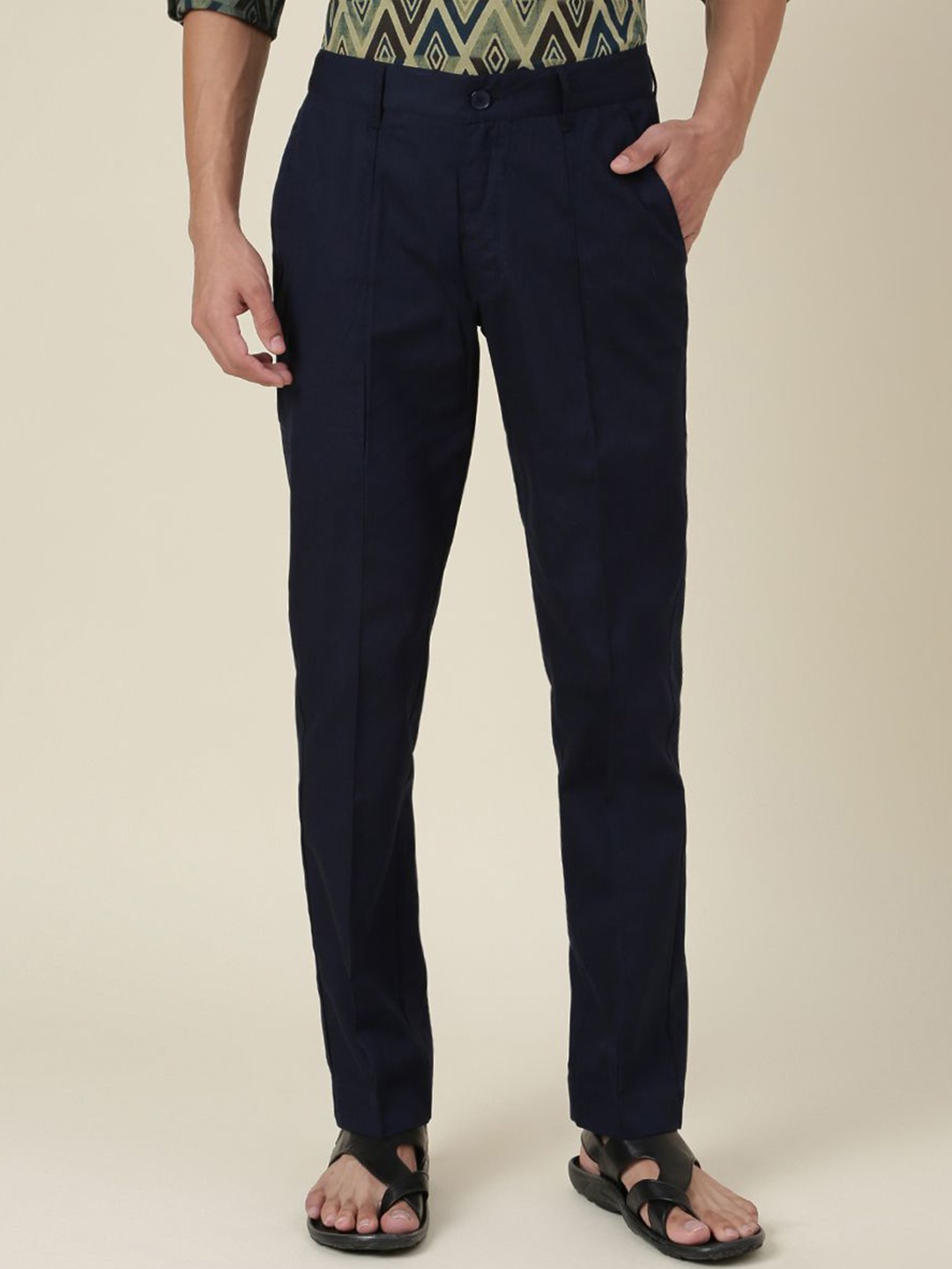 

Fabindia Men Mid Rise Cotton Slim Fit Regular Trousers, Navy blue