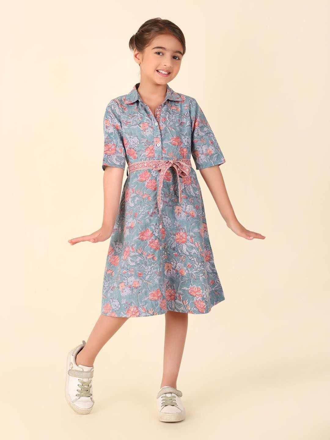 

Fabindia Floral Printed Short Sleeves Cotton Shirt Dress, Blue