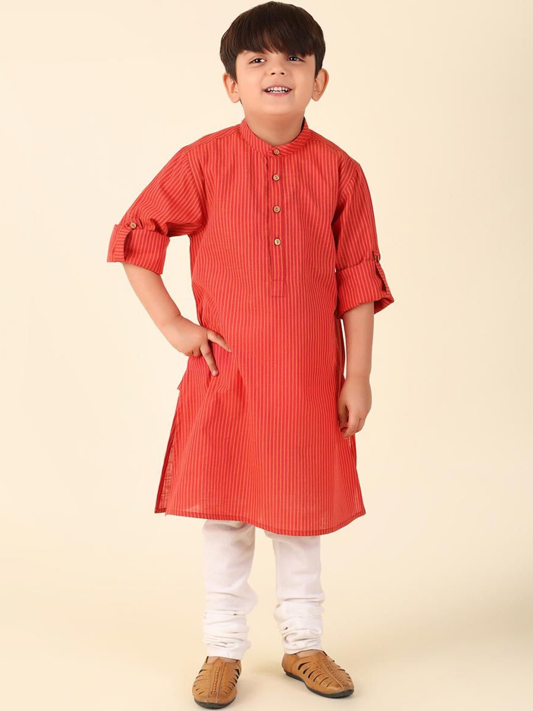 

Fabindia Boys Striped Mandarin Collar Thread Work Curved Cotton A-Line Kurta, Red