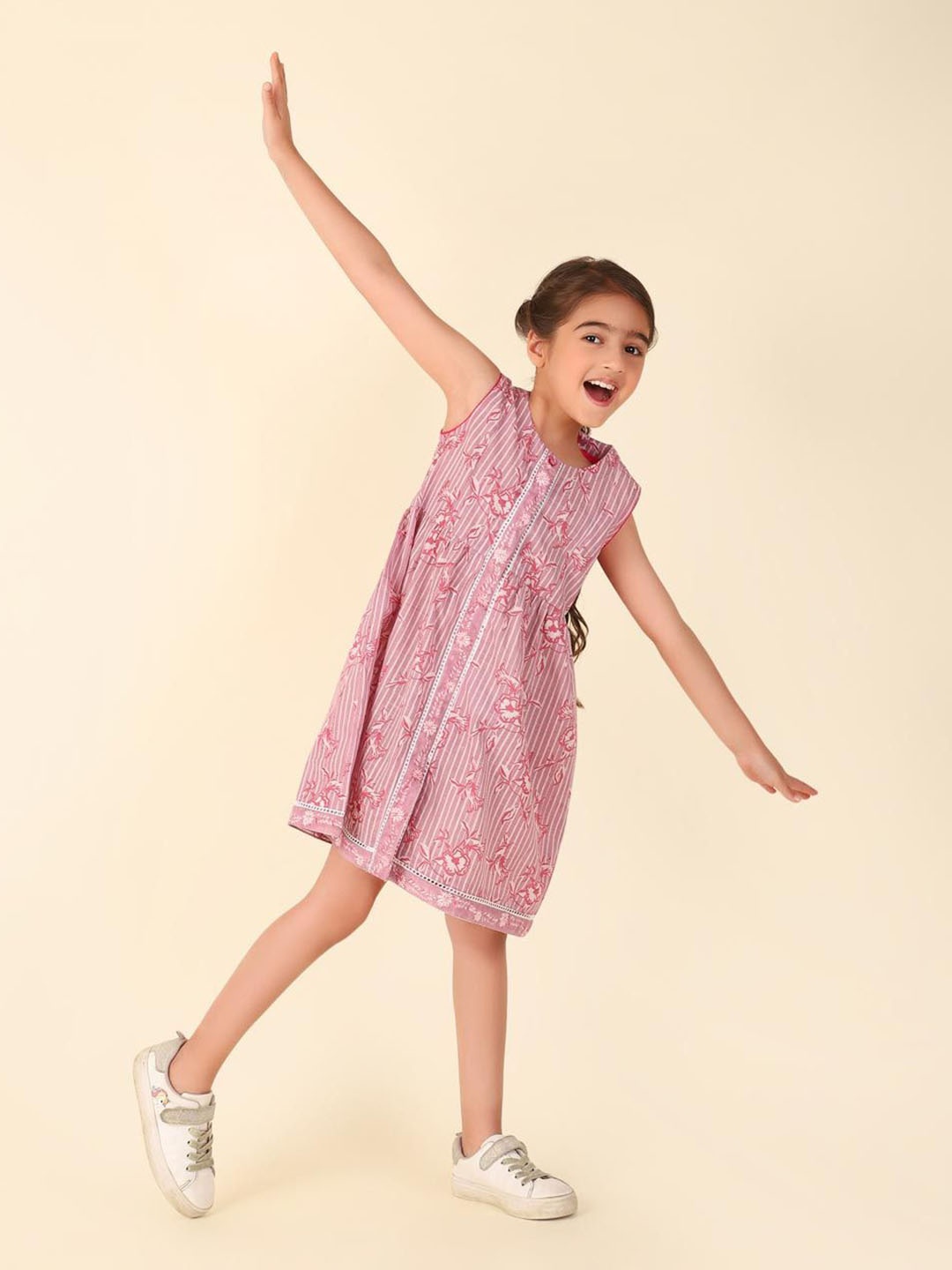 

Fabindia Girls Striped Cotton A-Line Midi Dress, Purple