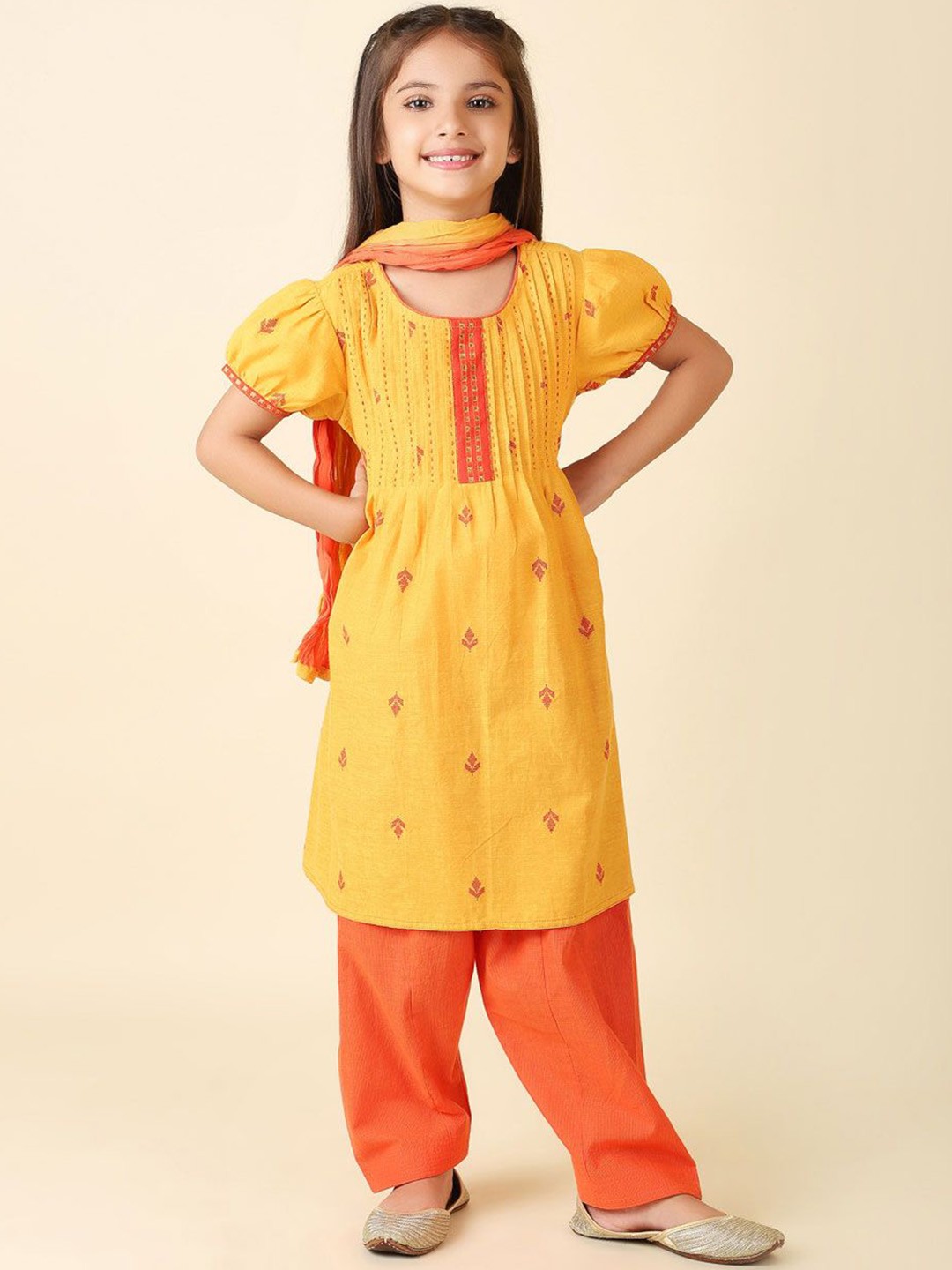 

Fabindia Girls Ethnic Motifs Woven Design Pure Cotton A-Line Kurta With Salwar & Dupatta, Mustard