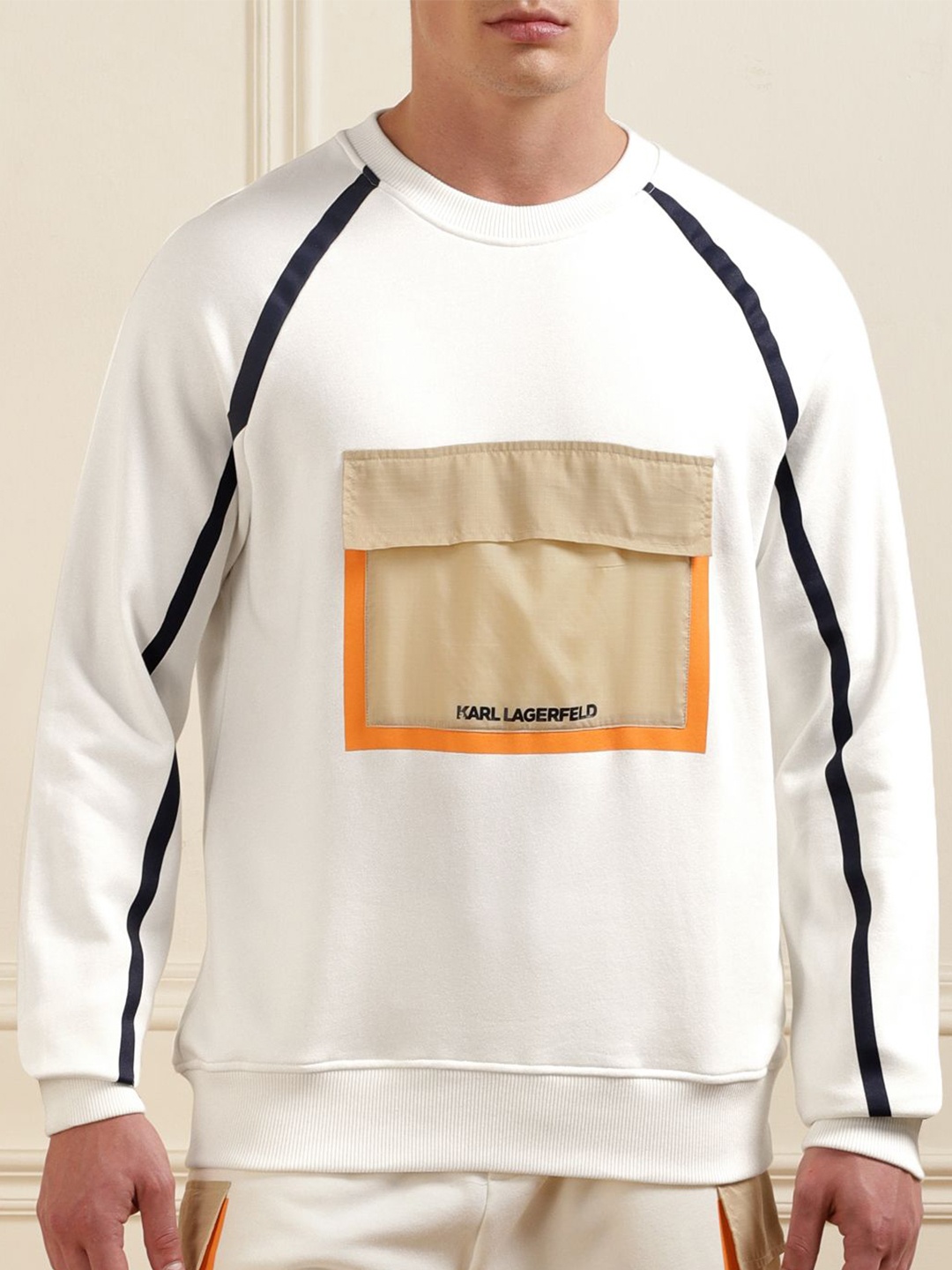 

Karl Lagerfeld Round Neck Cotton Pocket Pullover Sweatshirt, White