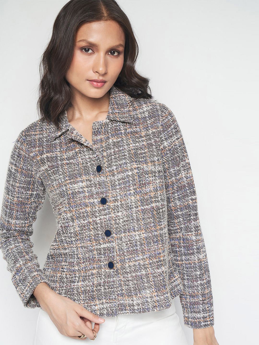 

AND Self Design Spread Collar Long Sleeves Tailored Jacket, Grey