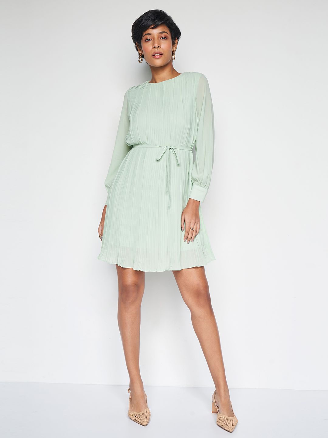 

AND Striped Round Neck Fit & Flare Dress, Green