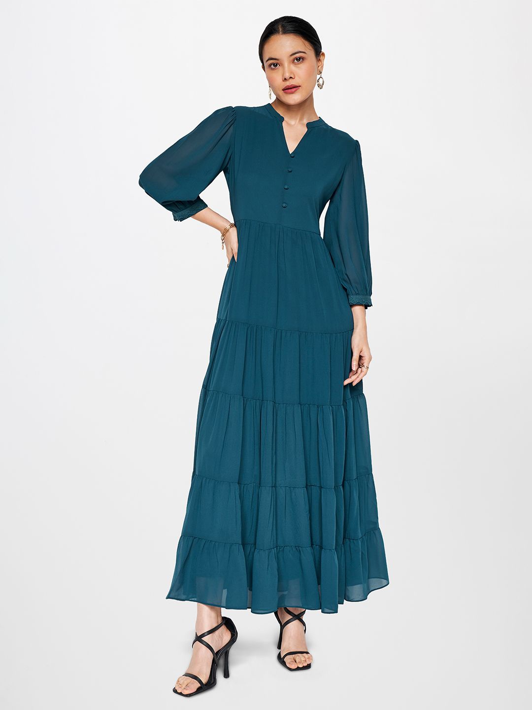 

AND Mandarin Collar Puff Sleeves Maxi Fit and Flare Dress, Teal