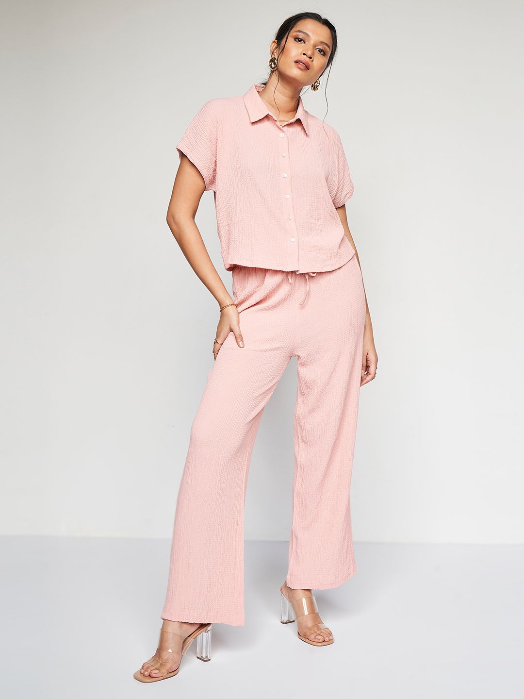 

AND Self Design Shirt Collar Top with Trousers, Peach