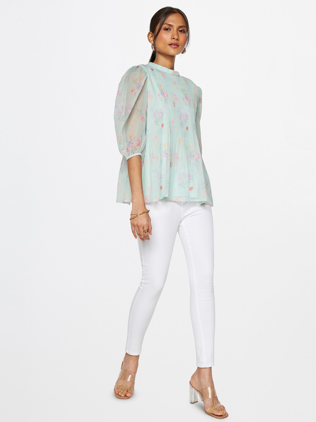 

AND Floral Printed Round Neck Puff Sleeve Regular Top, Green