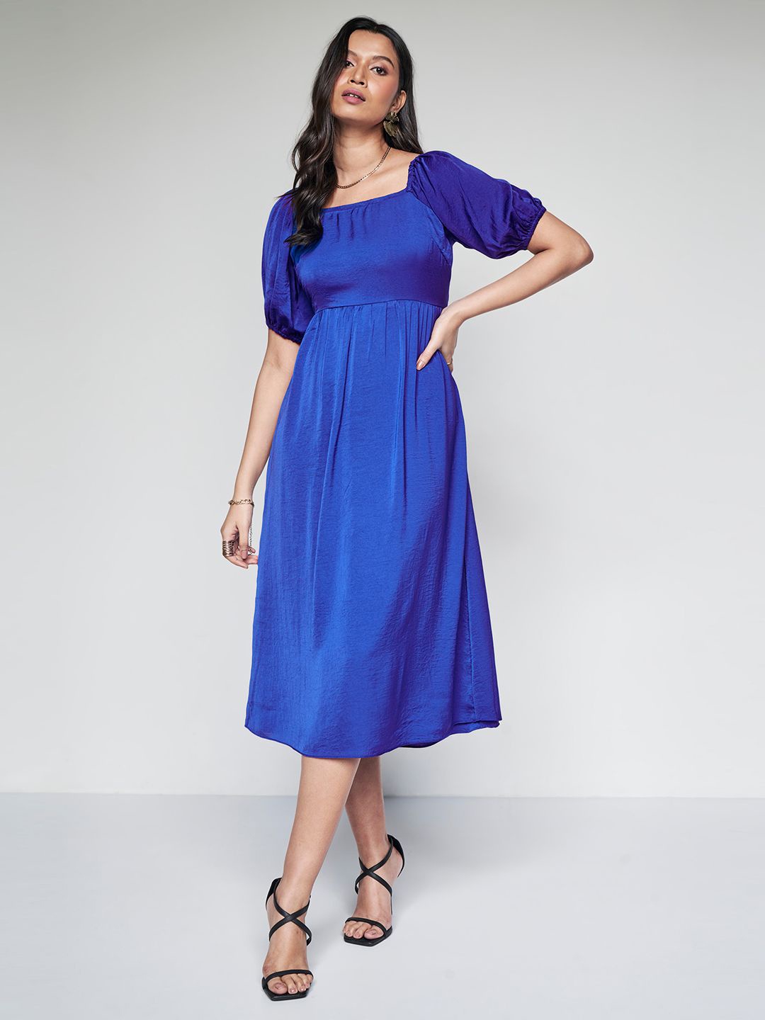 

AND Puff Sleeve Empire Midi Dress, Blue