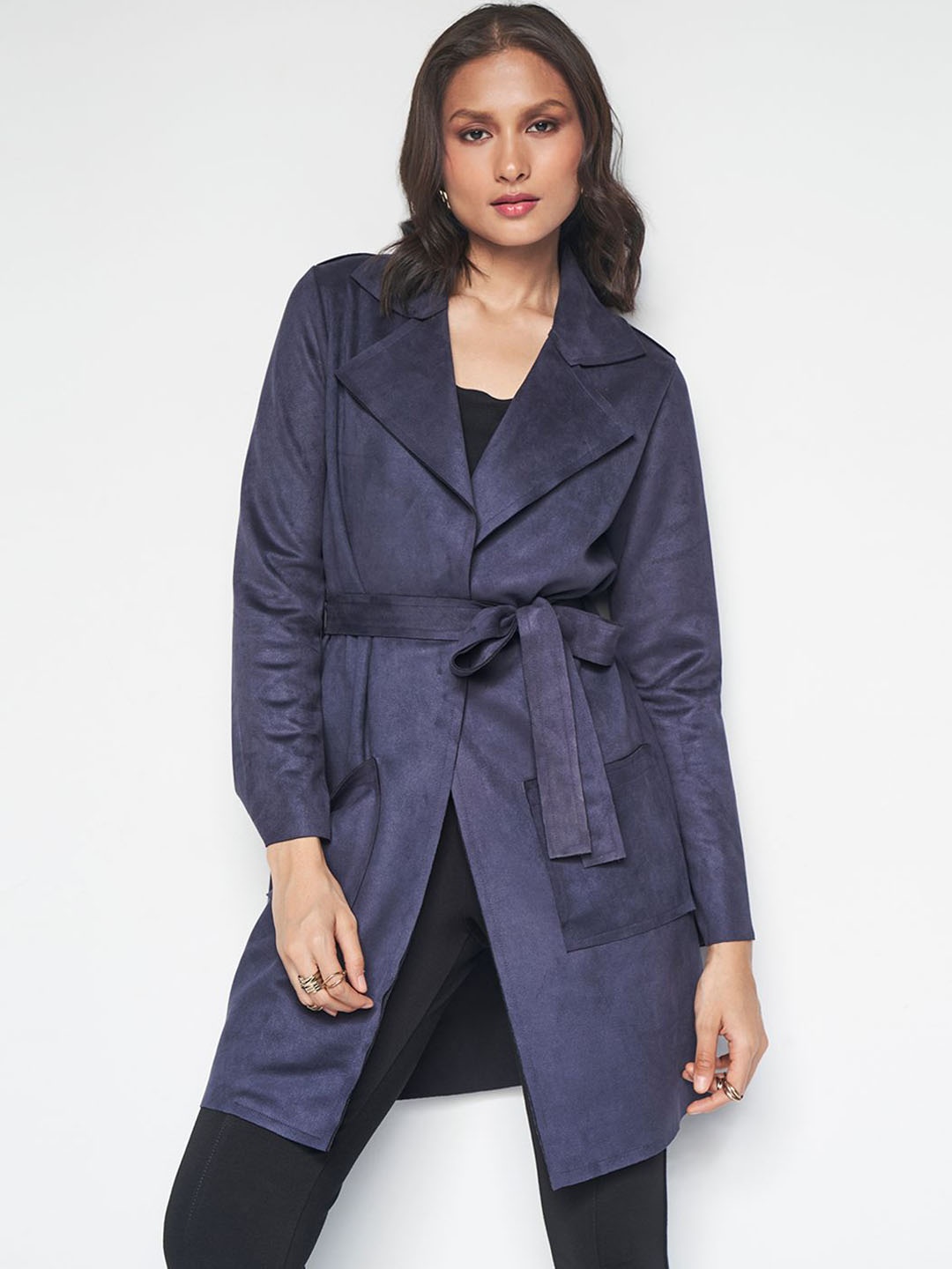 

AND Notched Lapel Collar Longline Wrap Overcoat, Navy blue