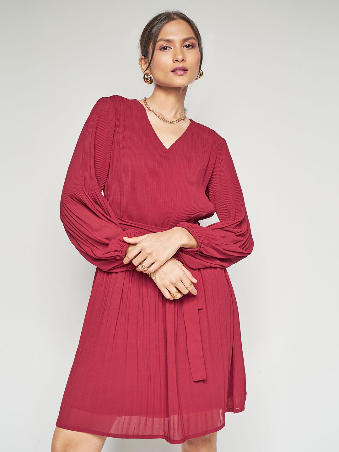 

AND Flared Sleeve Drop-Waist Dress, Maroon