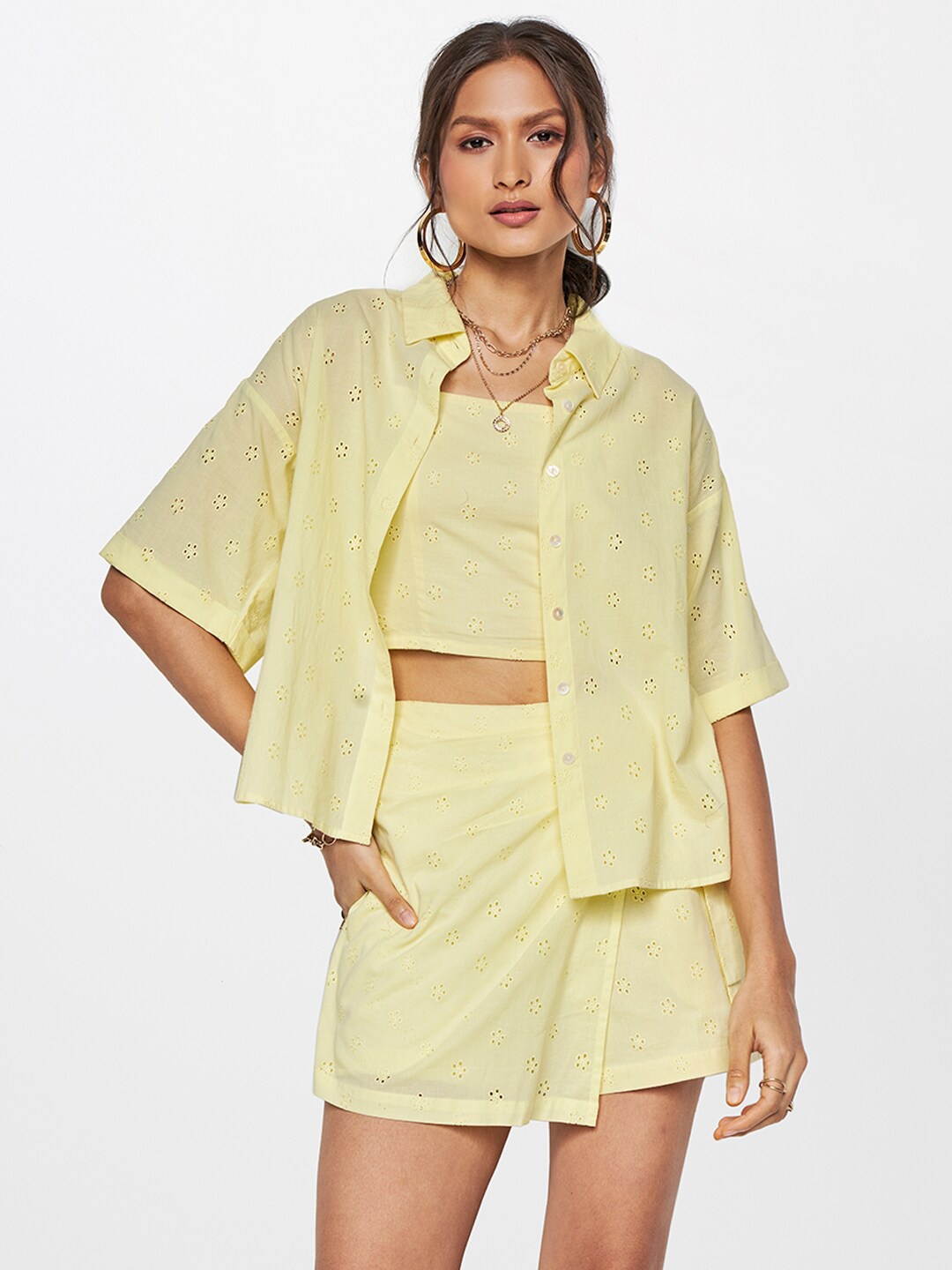 

AND Shoulder Schiffli Straps Pure Cotton Top With Shorts & Jacket, Yellow