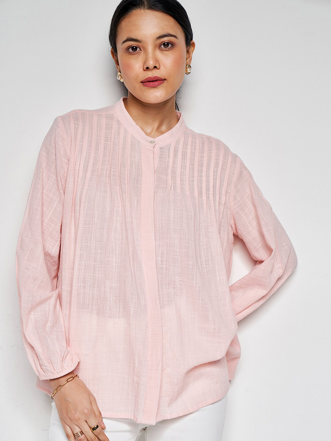 

AND Striped Pleated Mandarin Collar Top, Pink
