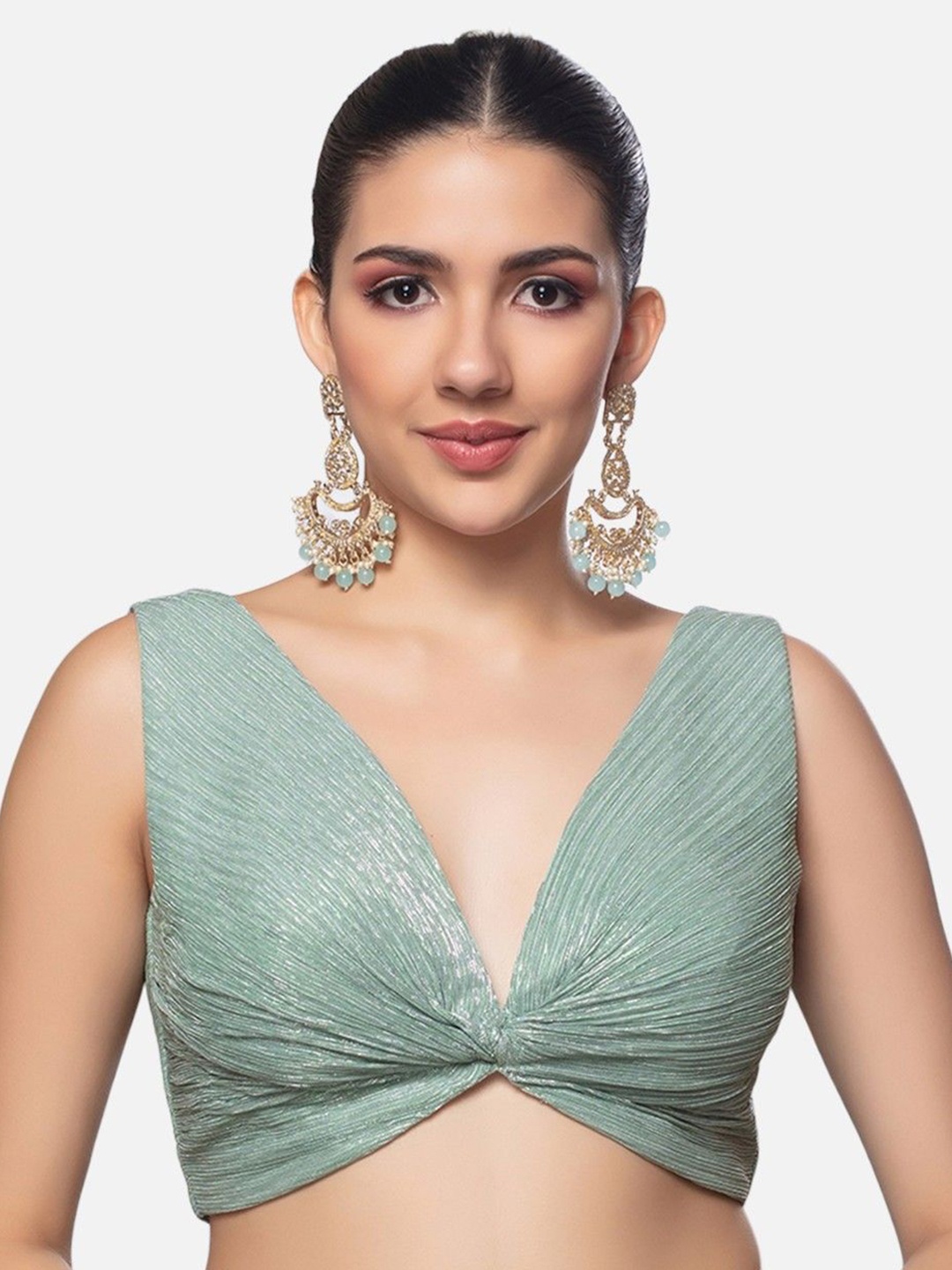 

neckbook V-Neck Front Twist Sleeveless Tissue Saree Blouse, Sea green