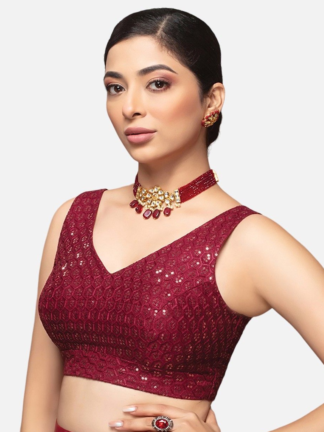 

neckbook Embellished Sequinned V-Neck Silk Saree Blouse, Maroon