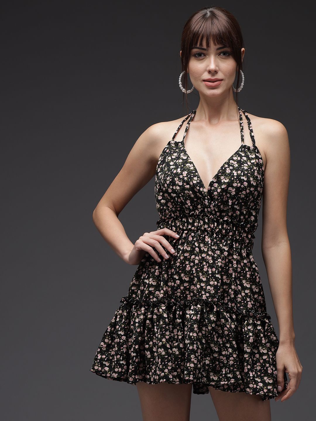 

TANDUL Floral Print Tie-Up Neck Fit & Flare Mini Dress, Black