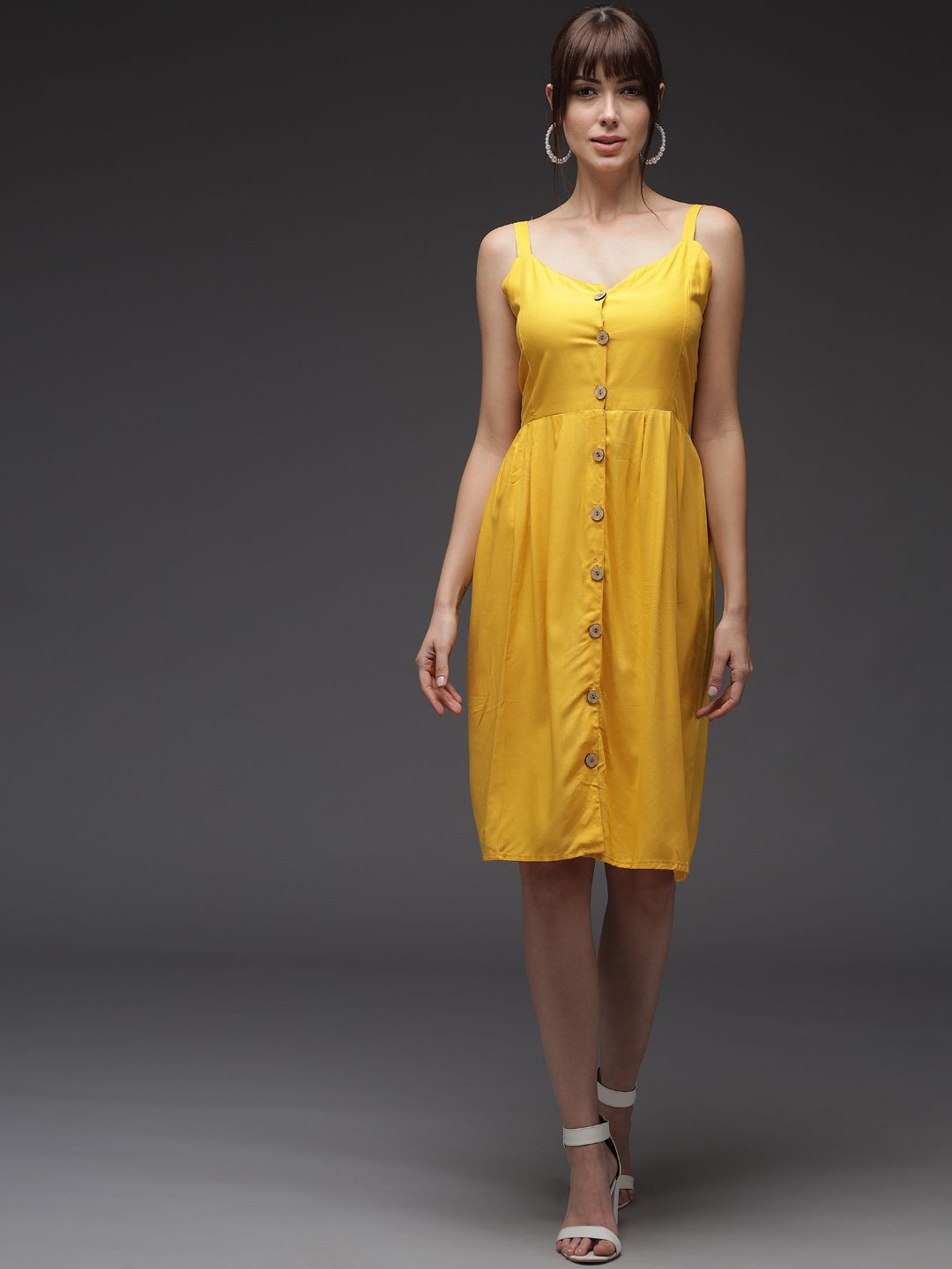 

TANDUL Shoulder Straps Fit and Flare Dress, Yellow