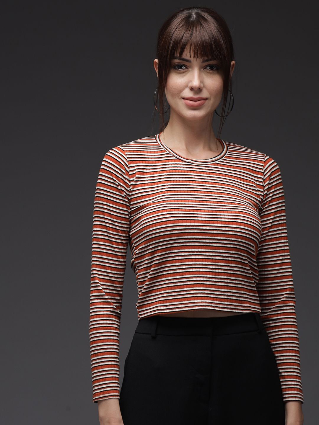 

TANDUL Striped Round Neck Crop Top, Orange