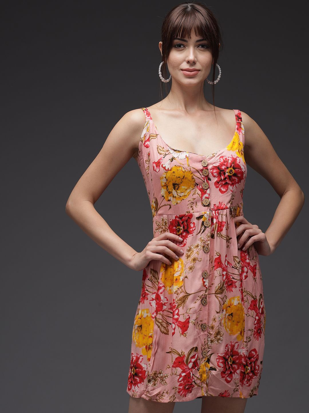 

TANDUL Floral Printed Shoulder Straps Net A-Line Dress, Pink