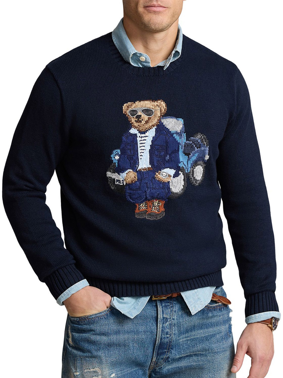 

Polo Ralph Lauren Round Neck Embroidered Cotton Sweater, Navy blue