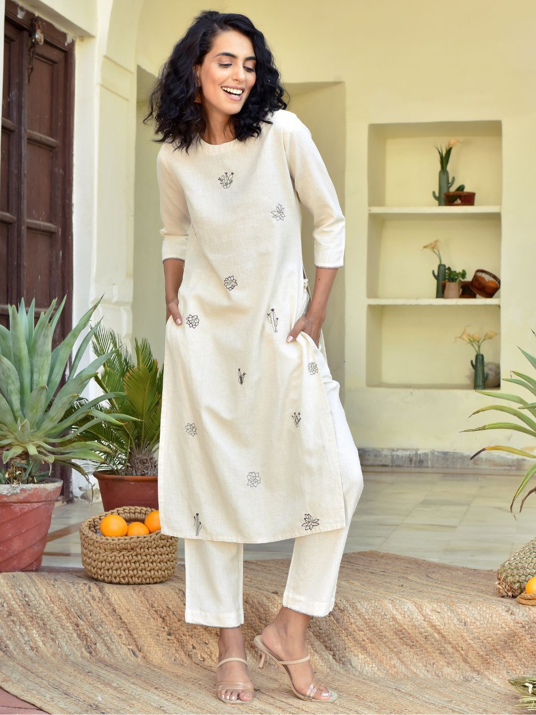 

OKHAI Ethnic Motifs Embroidered High Slit Thread Work Pure Cotton Kurta With Trouser, Off white