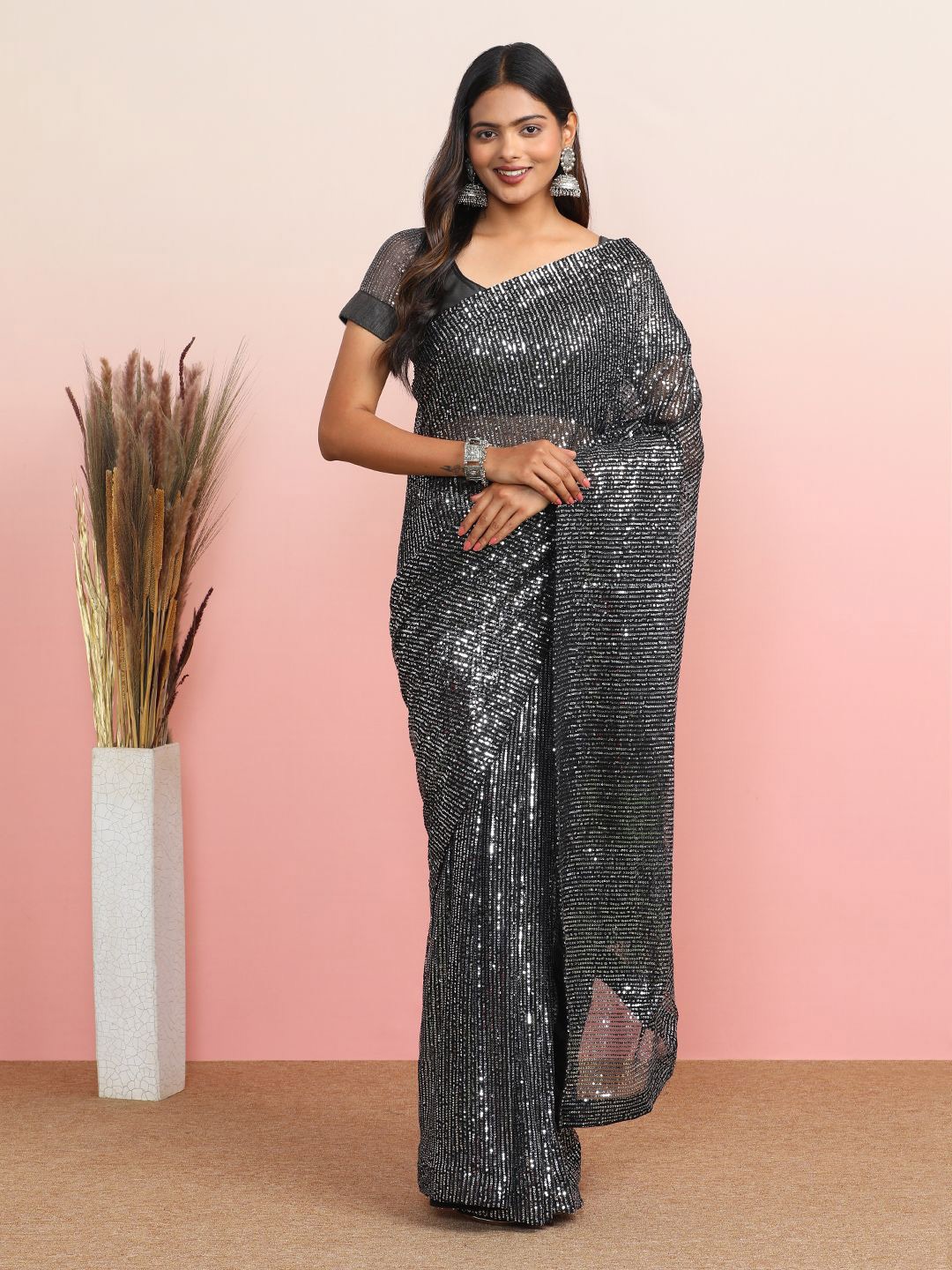 

MAHALASA Embellished Sequinned Pure Georgette Saree, Grey