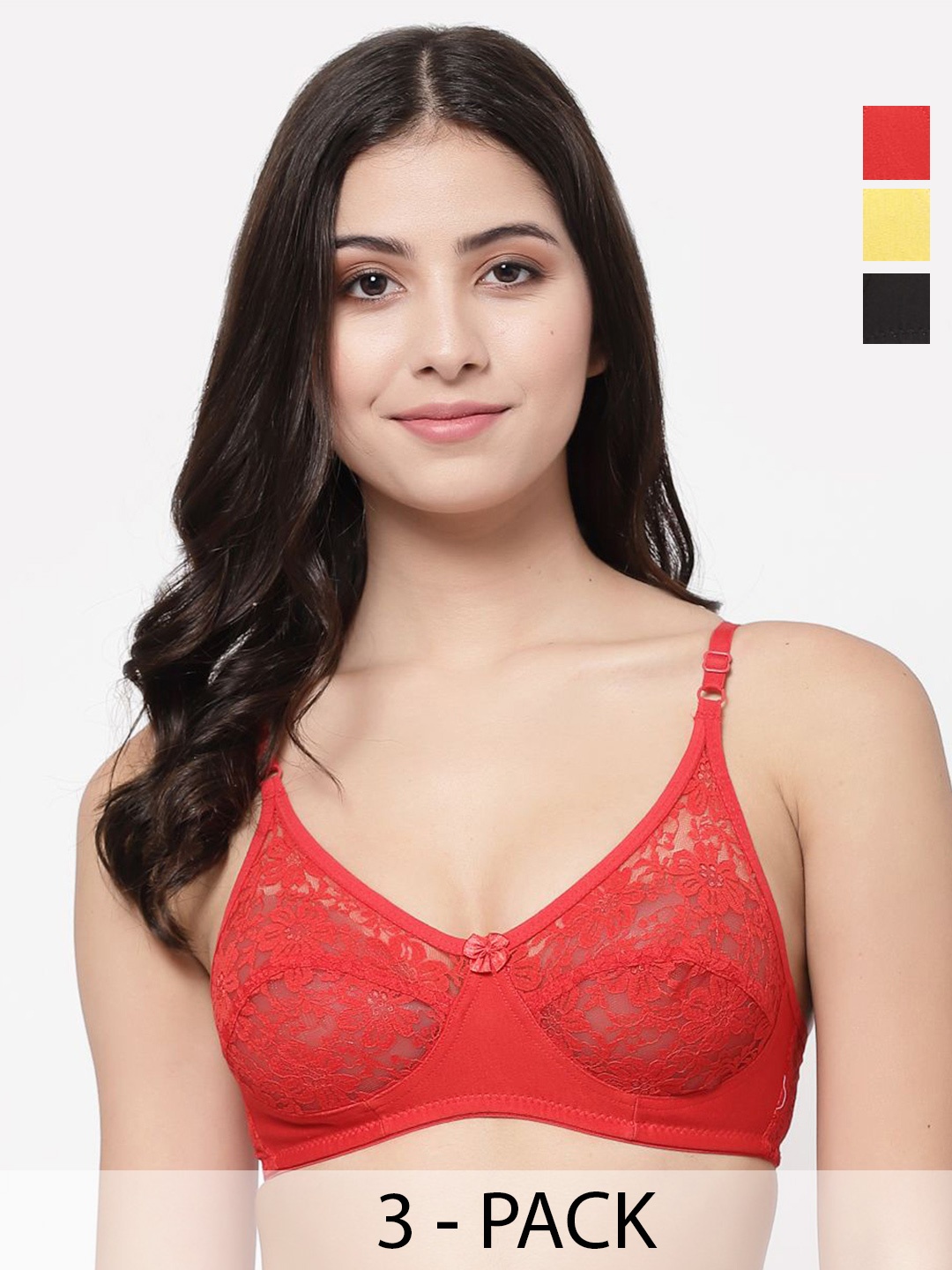 

Docare Pack Of 3 Full Coverage Non Padded Cut and Sew Bralette Bra With All Day Comfort, Red