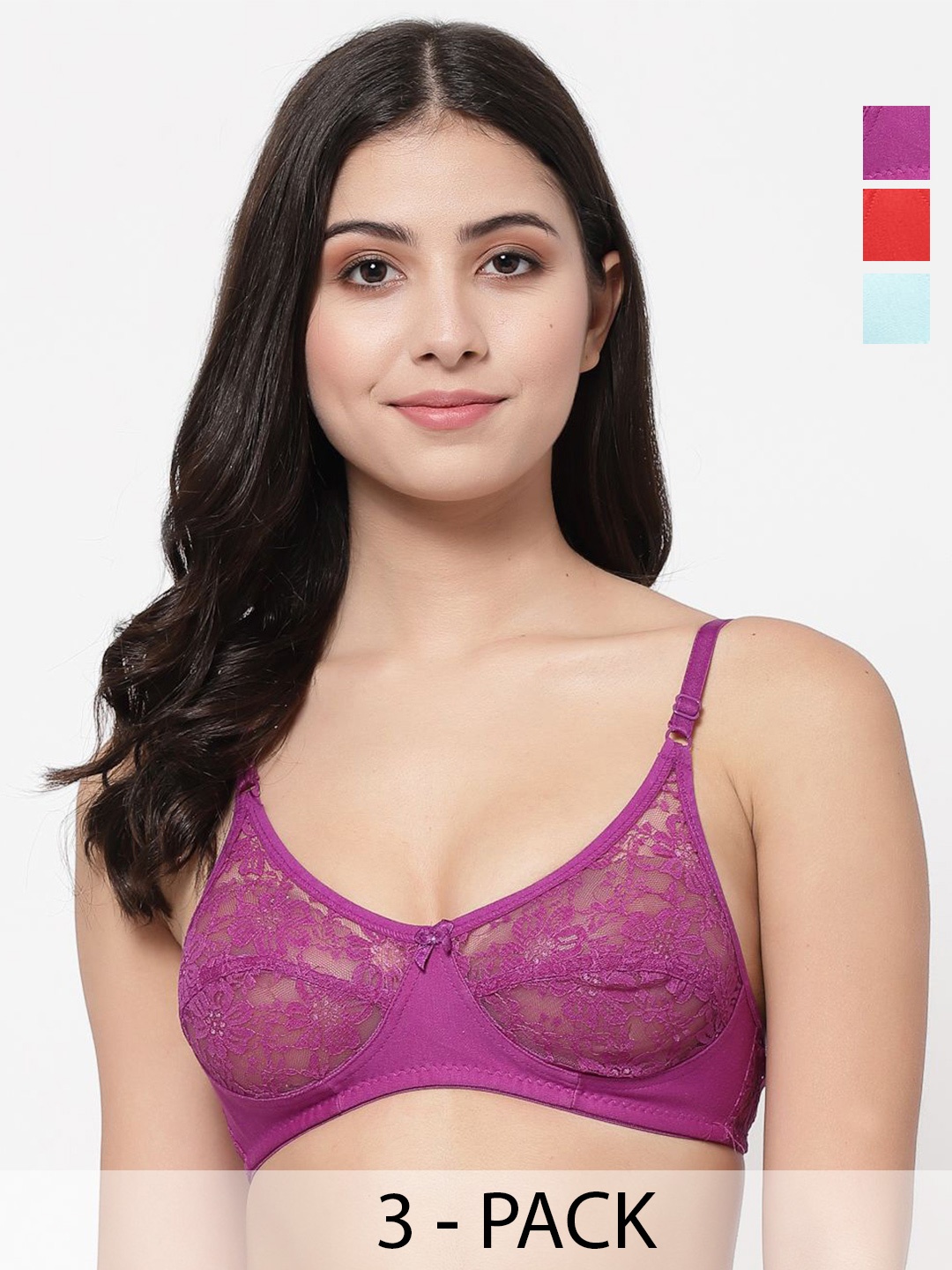 

Docare Pack Of 3 Full Coverage Non Padded Cut and Sew Bralette Bra With All Day Comfort, Purple