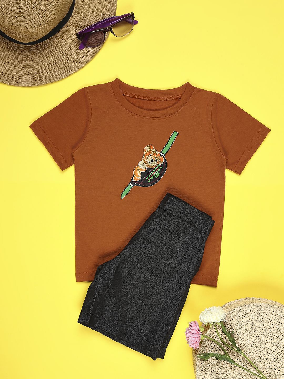

Cutiekins Boys Printed Round Neck T-shirt with Shorts, Brown