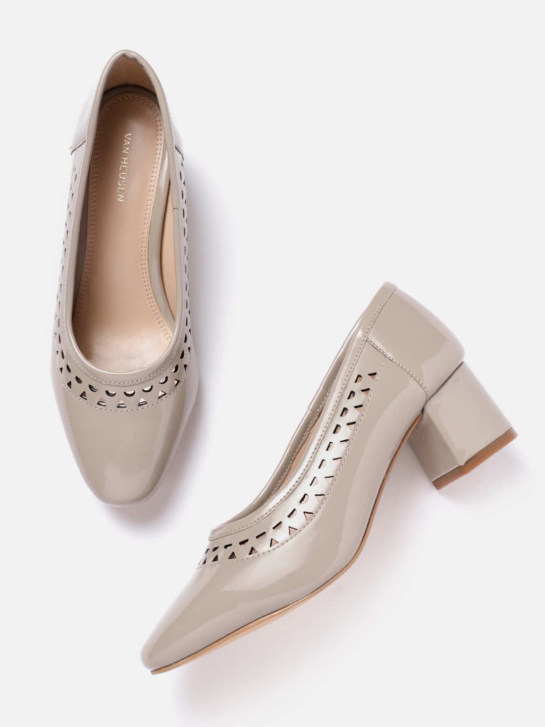 

Van Heusen Solid Block Heeled Pumps with Laser Cuts, Grey