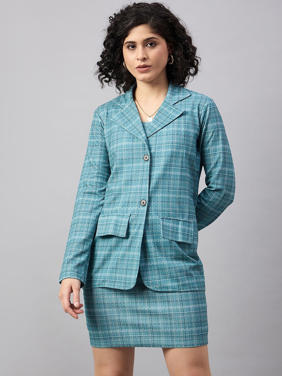 

The Roadster Lifestyle Co. Sea Green Checked Shoulder Straps Crop Top With Skirt & Blazer