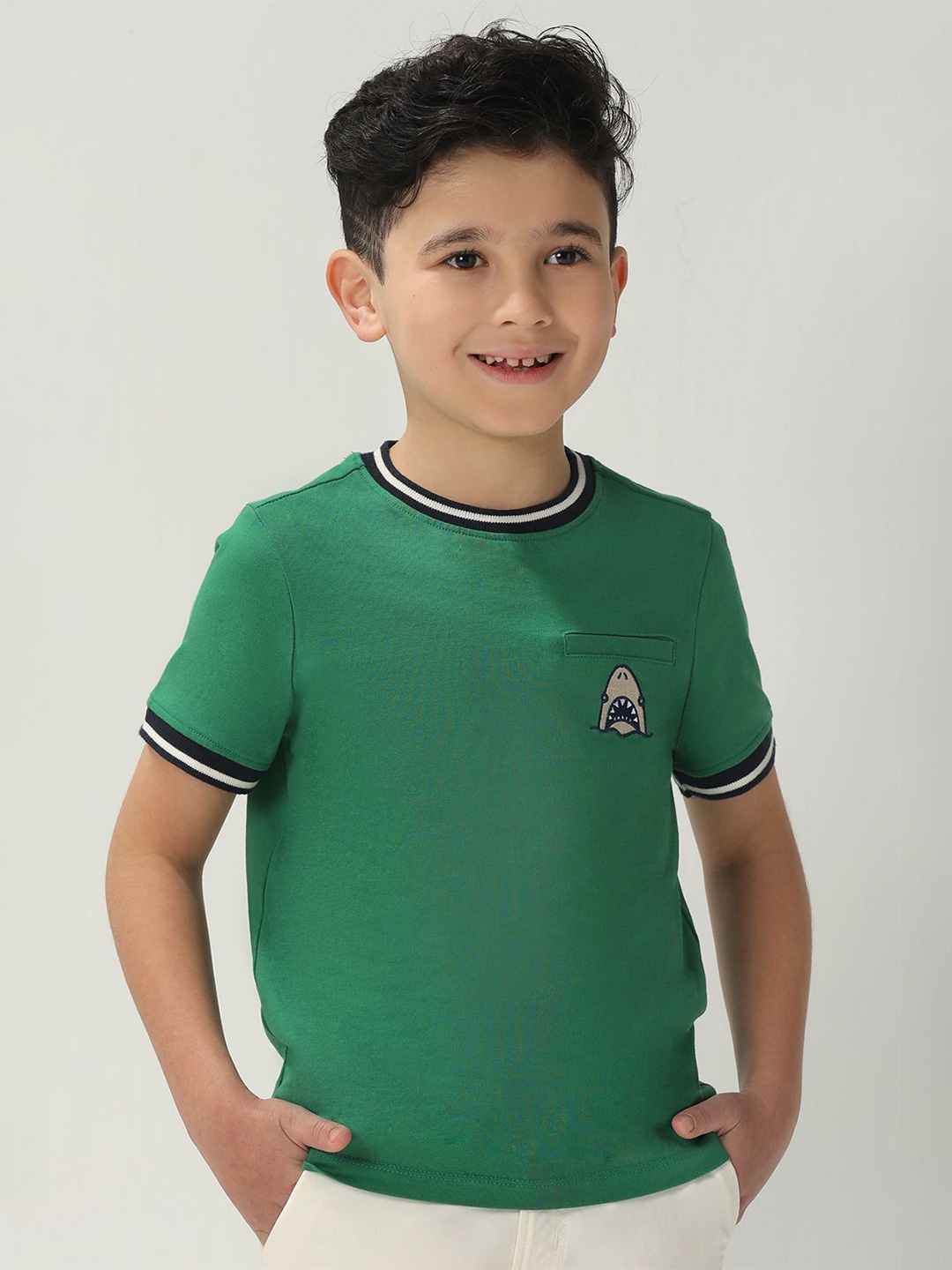 

One Friday Boys Round Neck Applique Cotton T-shirt, Green