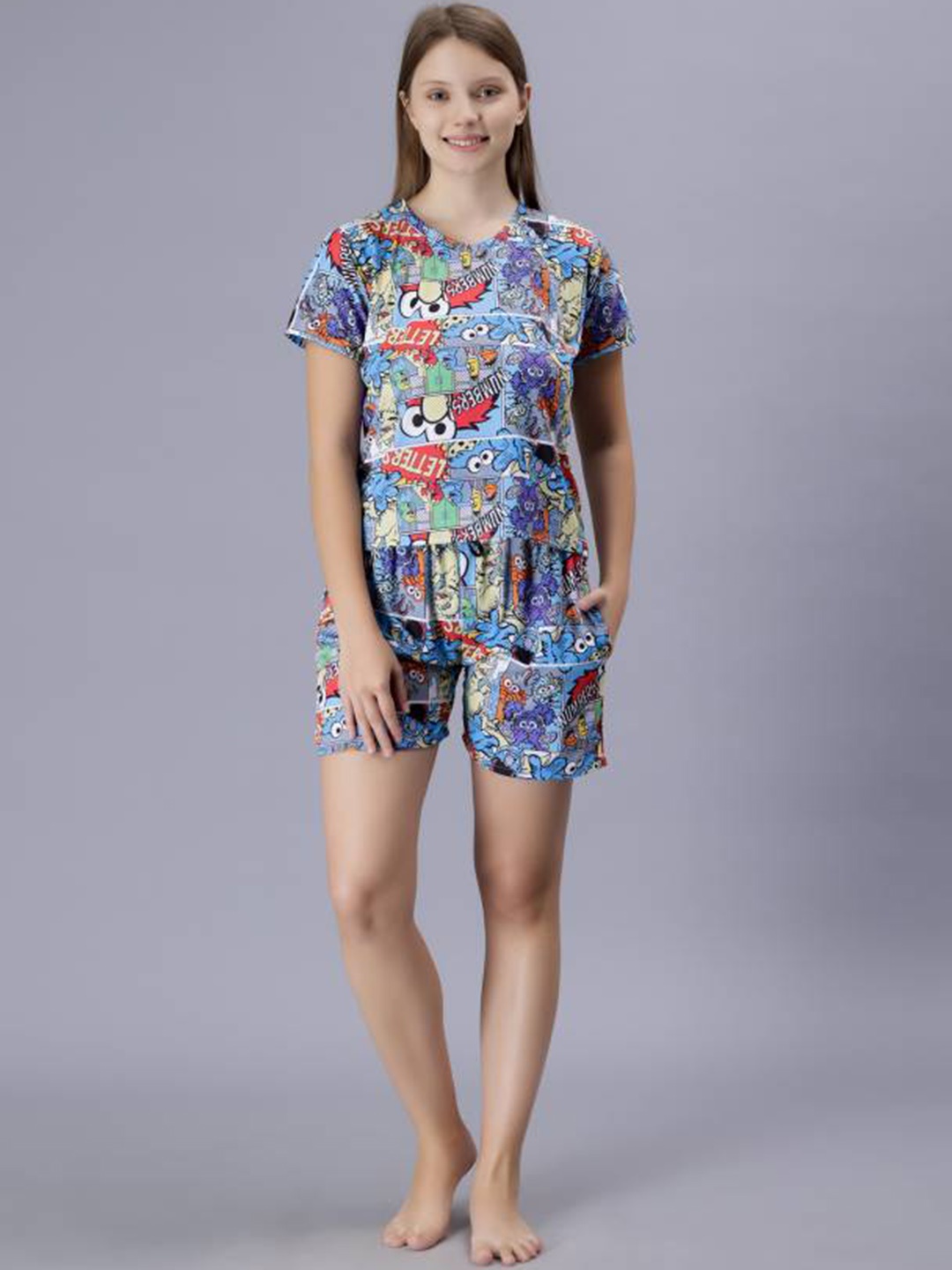 

Xivir Cartoon Characters Printed Night suit, Blue