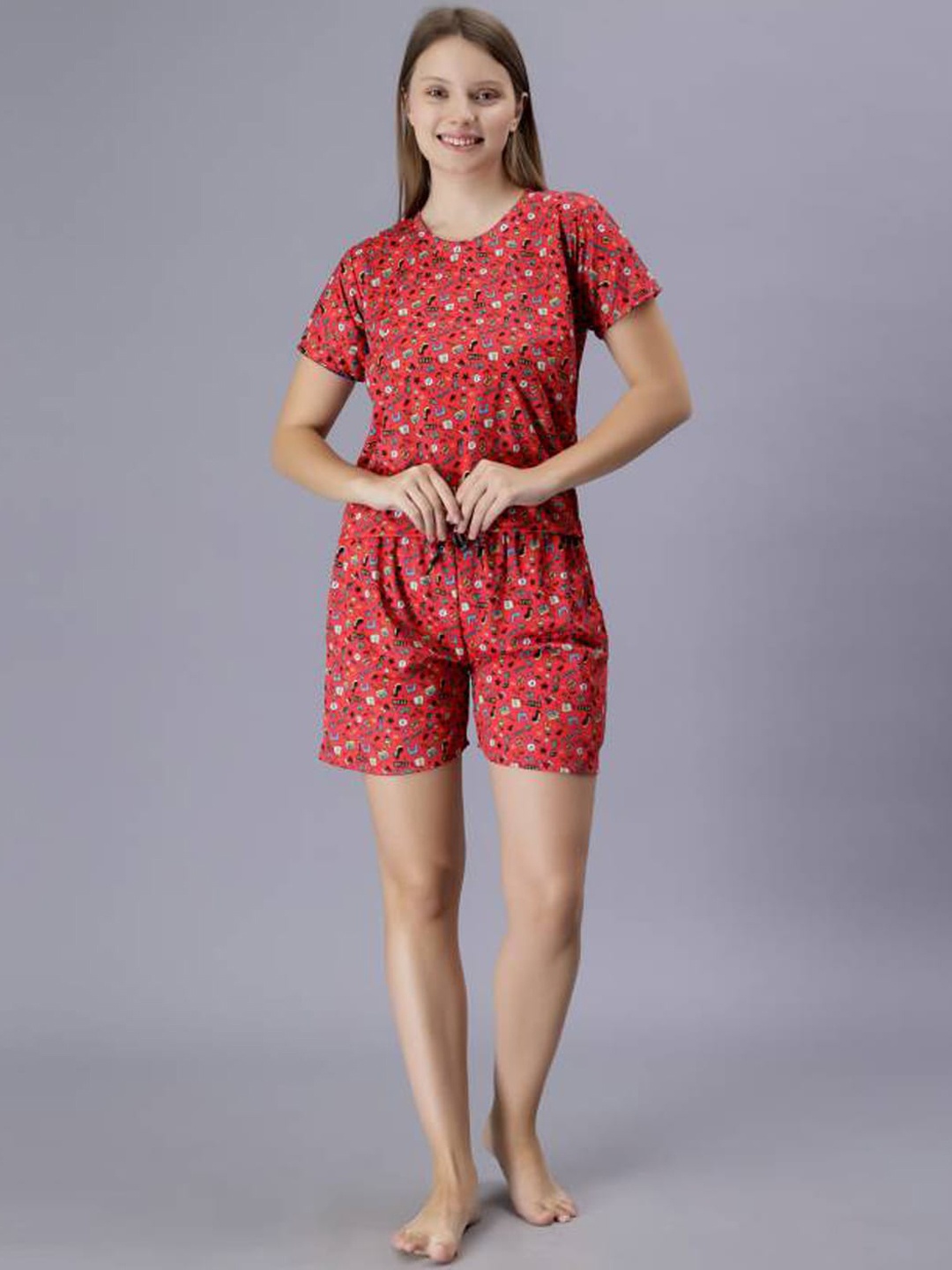 

Xivir Conversational Printed Pure Cotton Night suit, Red