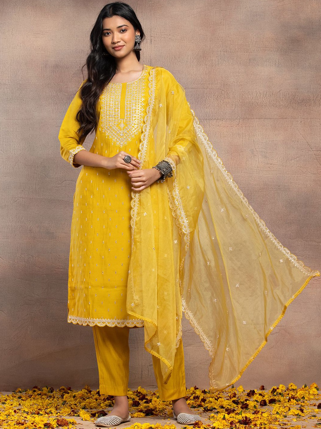 

INDYA Ethnic Motifs Embroidered Cotton Round Neck Straight Kurta With Trouser & Dupatta, Yellow