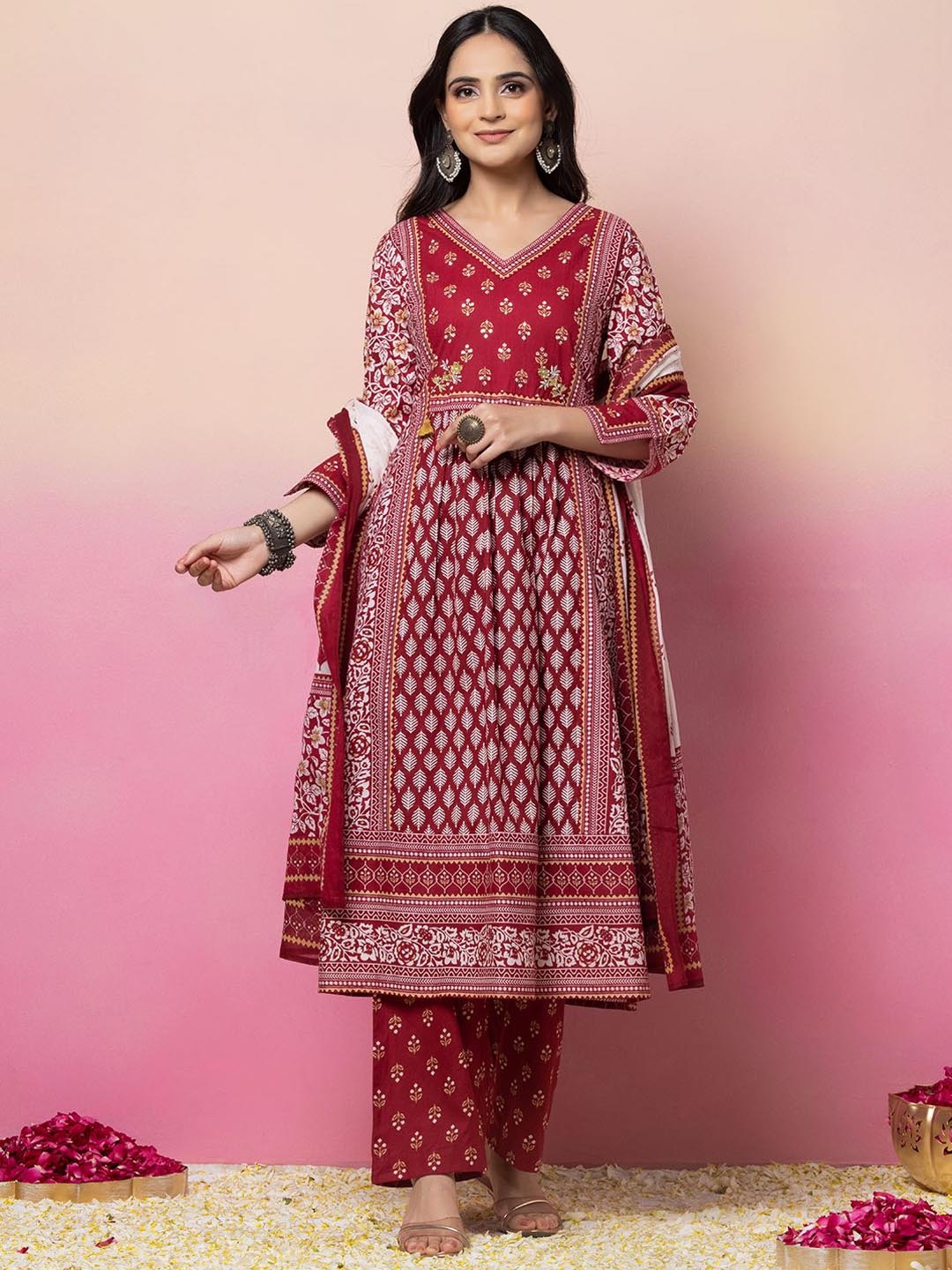 

INDYA Floral Printed Pure Cotton V-Neck Anarkali Kurta With Palazzos & Dupatta, Red