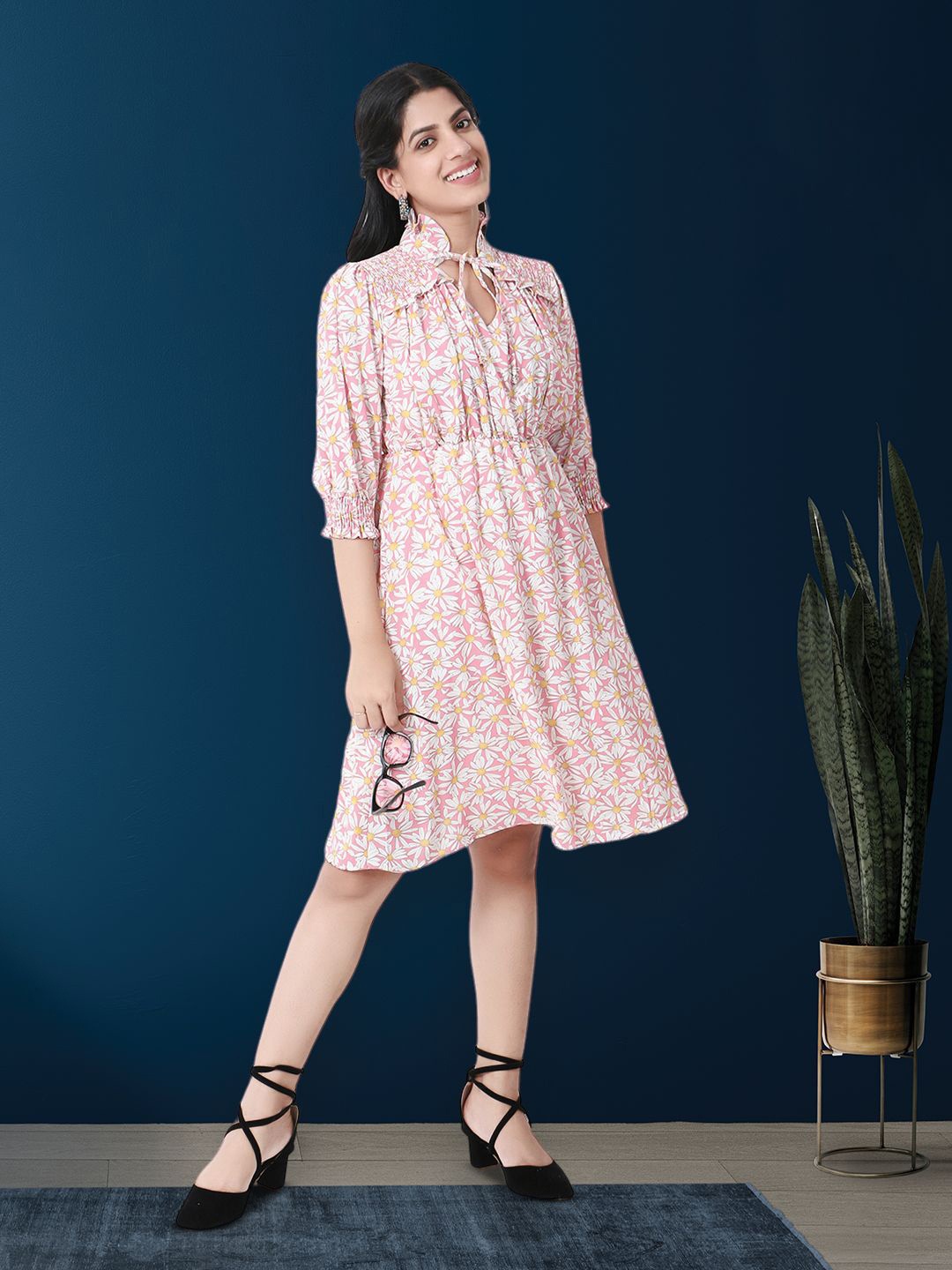 

Adwitiya Tie-Up Neck Floral Printed Cotton A-Line Dress, Pink