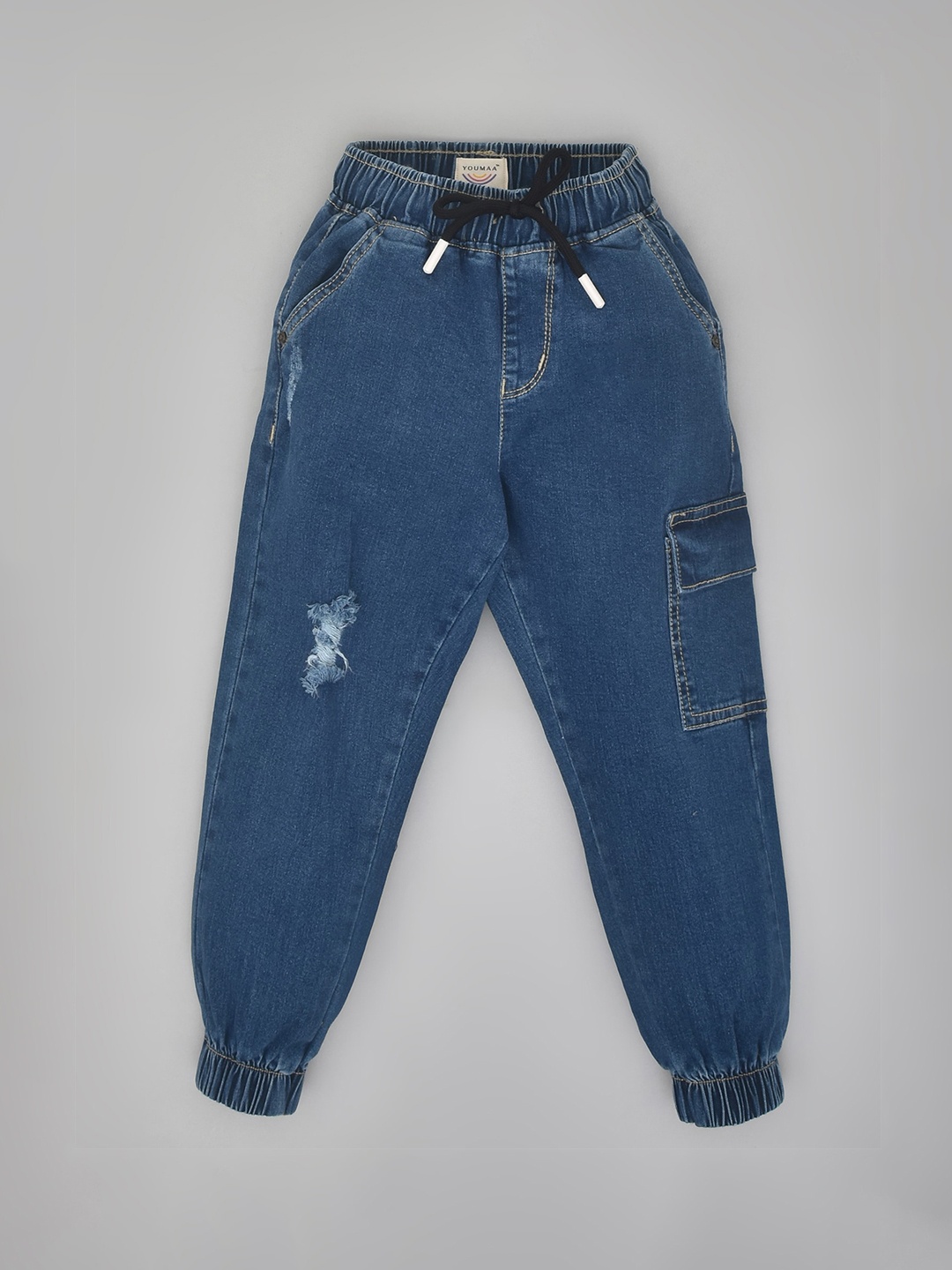 

YOUMAA Boys Original Mid-Rise Mildly Distressed Pure Cotton Jogger Jeans, Blue