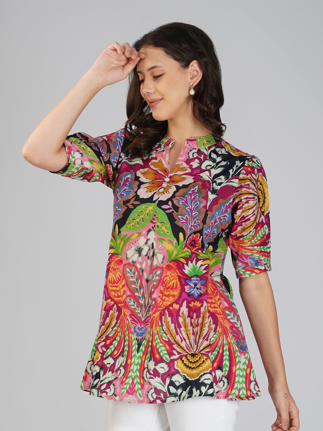 

INDIAN KNOTS Botanical Printed Mandarin Collar Pure Cotton Kurti, Purple