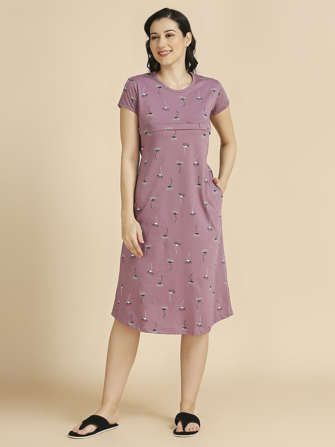 

MomToBe Floral Printed Pure Cotton Maternity Nightdress, Purple