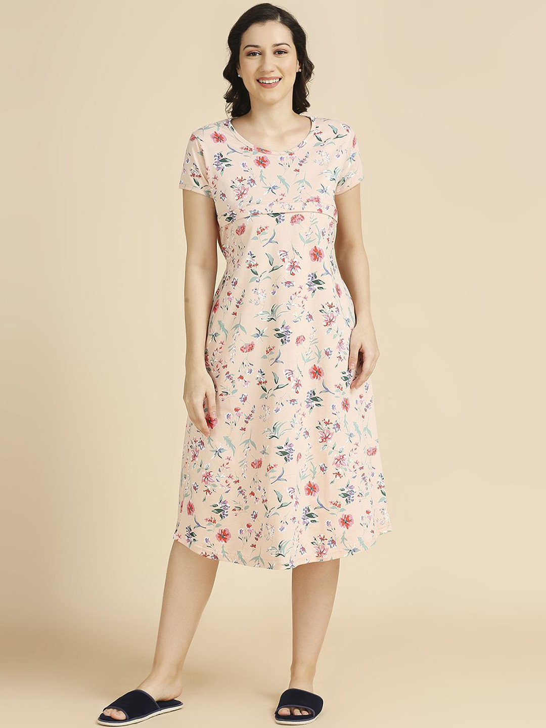 

MomToBe Floral Printed Pure Cotton Maternity Nightdress, Peach