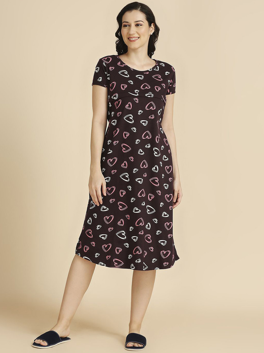 

MomToBe Conversational Printed Pure Cotton Maternity Nightdress, Purple