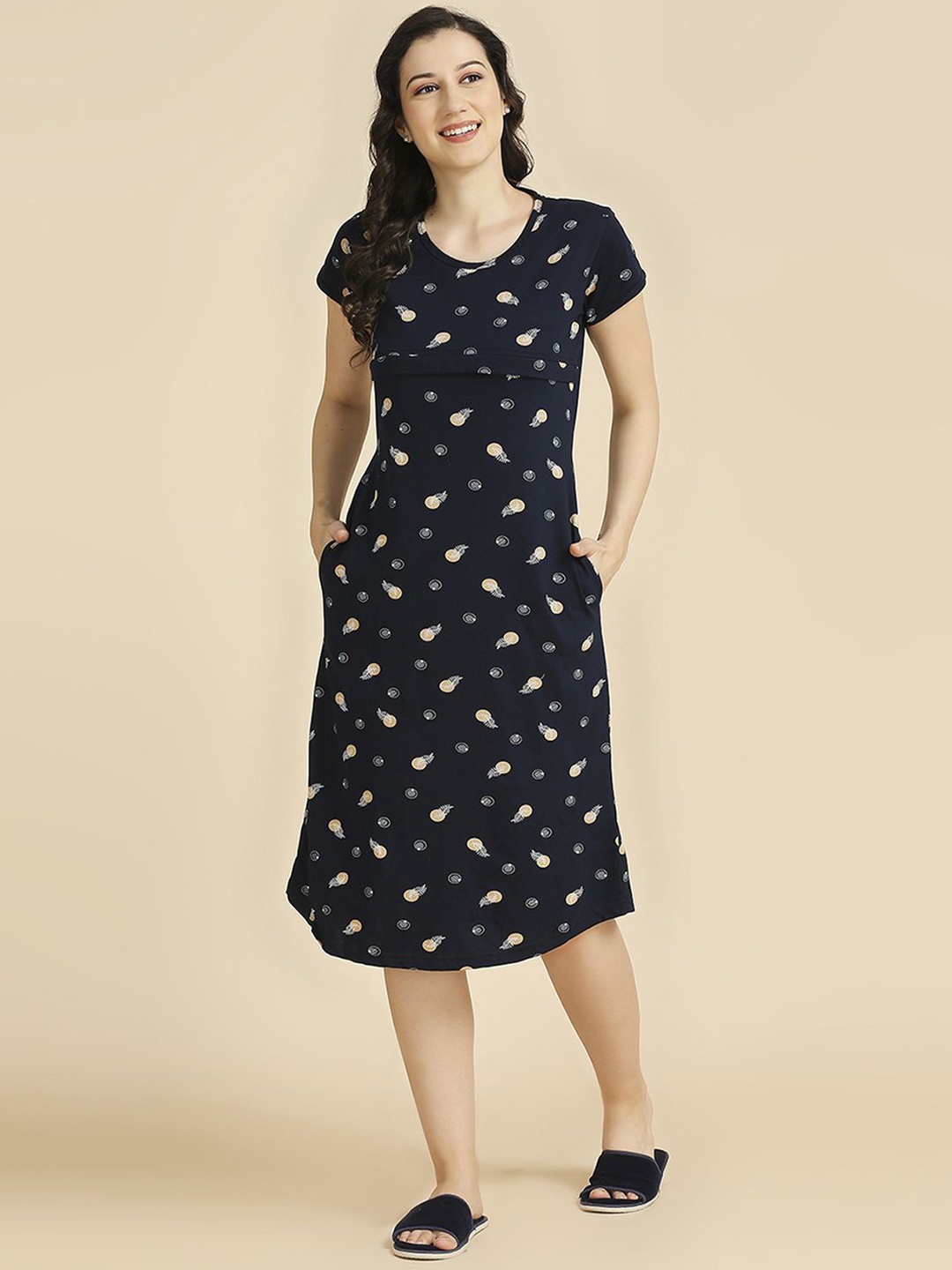 

MomToBe Conversational Printed Pure Cotton Maternity Nightdress, Navy blue
