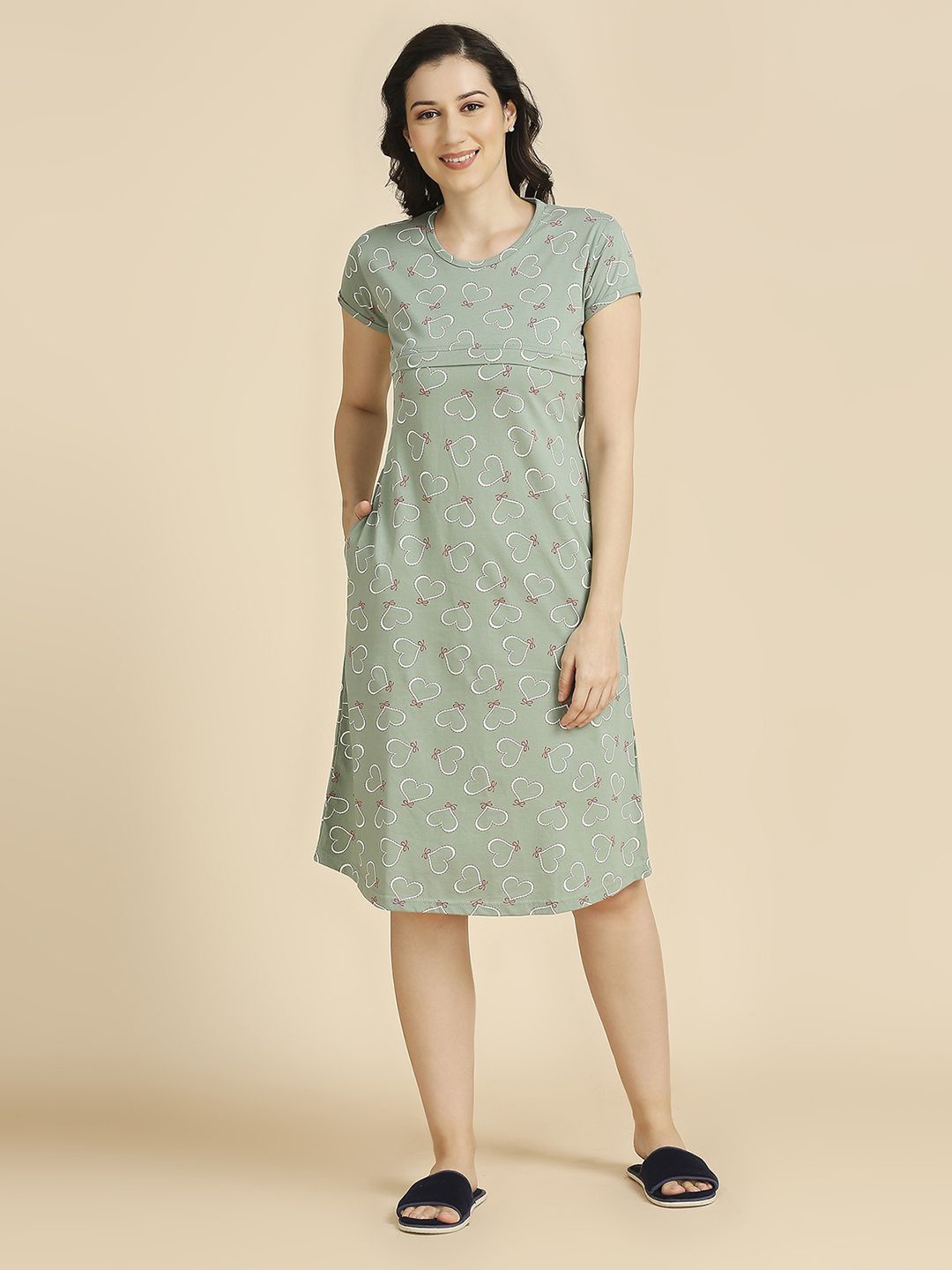 

MomToBe Geometric Printed Pure Cotton Maternity Nightdress, Sea green